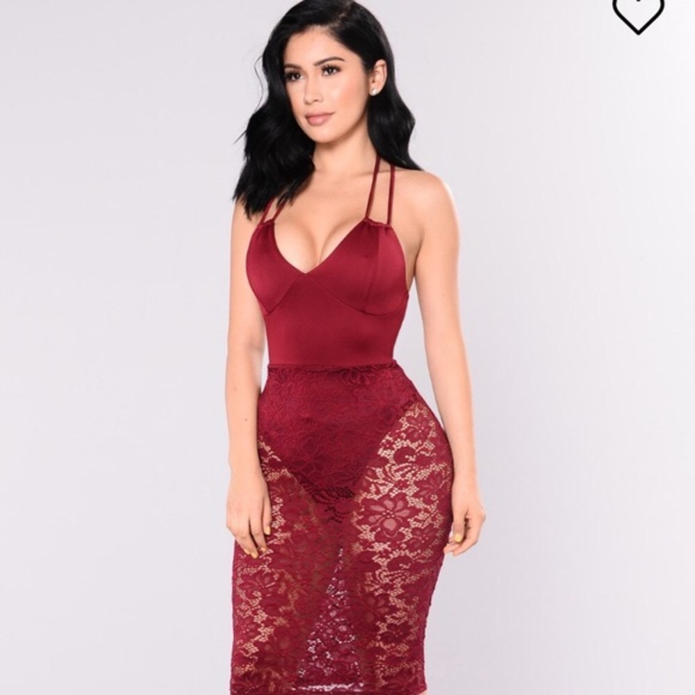 3x fits like 2x sheer lace bodysuit burgundy dress